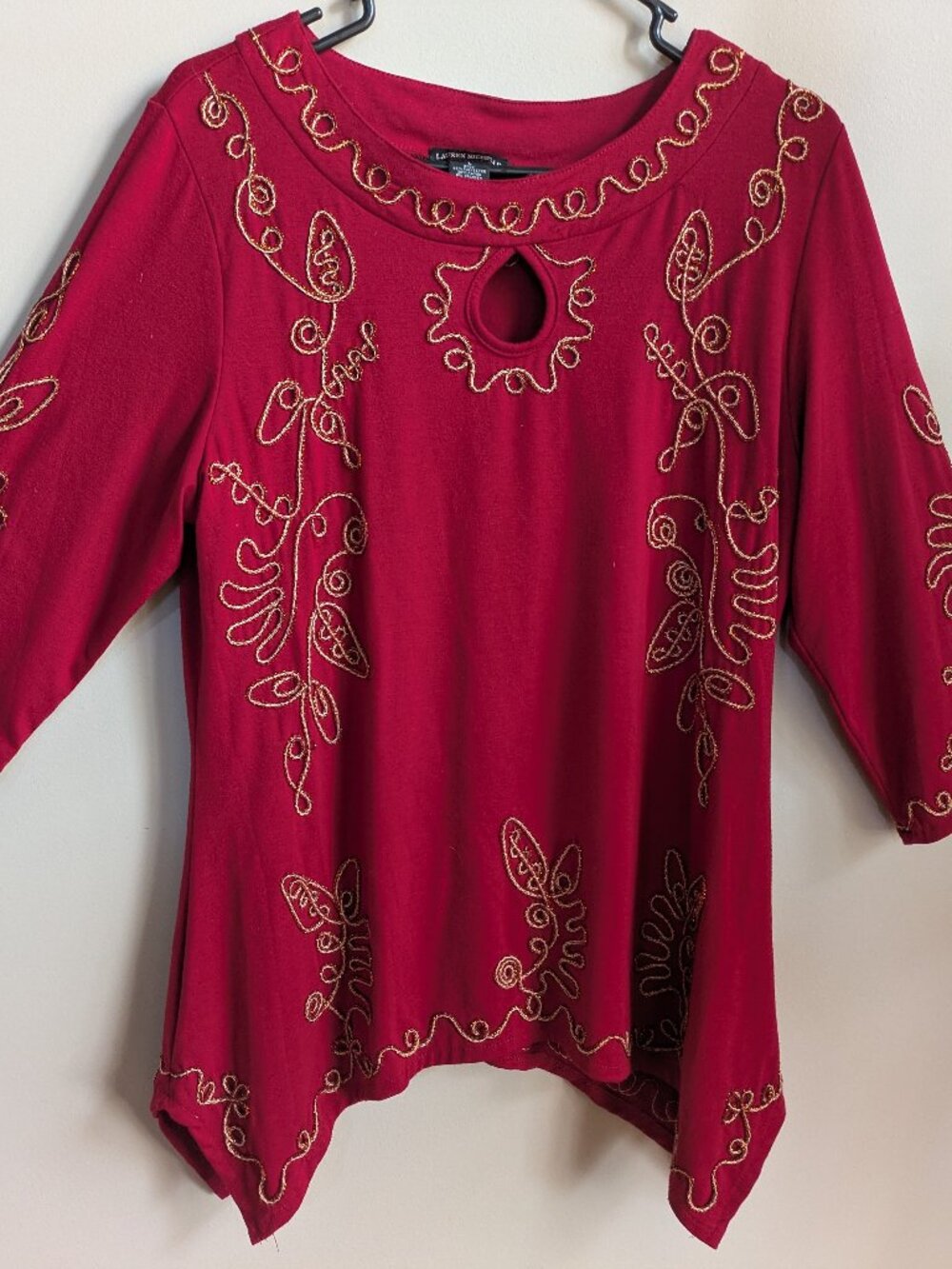 lauren michelle embroidered blouse size L red gold metallic 3/4 sleeve #717